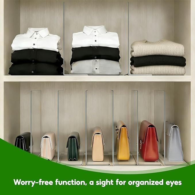 Upgraded and Thickened Closet Shelf Organizers and Storage Purse Organizer for Closet 6-Pack Clear Acrylic Shelf Dividers for Clutches Clothes Towel Adjustable Space
