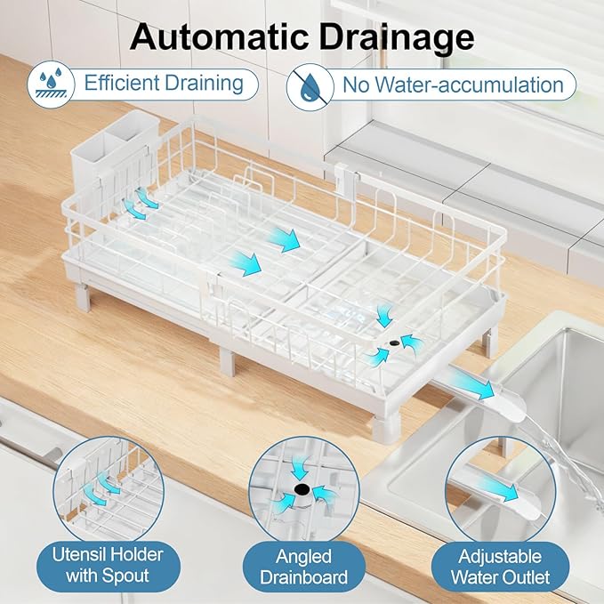 GSlife Expandable Dish Drying Rack for Kitchen Counter - Compact Rust-Resistant Dish Racks with and Cup Holder for Small Apartment, 12.2" W x 12"-20.5" L, White