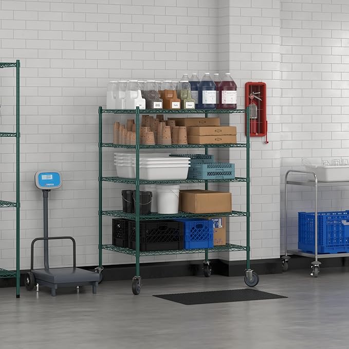 Commercial NSF Listed Green Epoxy Mobile Wire Shelving Kit 30" x 42" x 60", with 5 Shelves Perfect for Warehouse, Walk-in Refrigerator, Freezer, Grocery Store, Restaurant, Dishroom