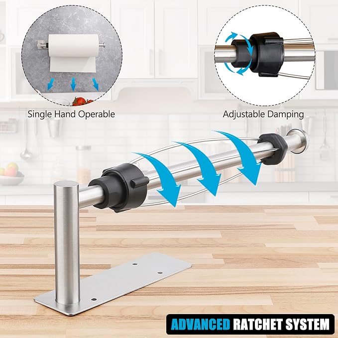 Paper Towel Holder Under Cabinet, Single Hand Operable Paper Towel Roll Holder with Damping Effect, Self-Adhesive or Drilled Stainless Steel Paper Towel Holder for Kitchen Bathroom RV