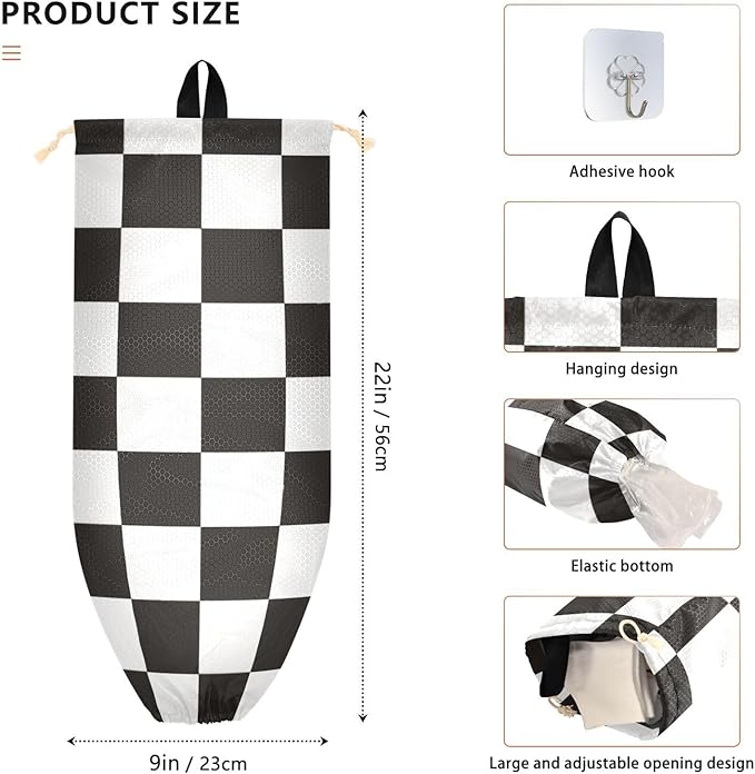 Plastic Bag Holder Wall Mount Grocery Bag Shopping Bag Storage Holder Organizer Dispenser with Adhesive Hook,for Kitchen Bathroom Home Decor 9x22 Inches Checkered Black and White02