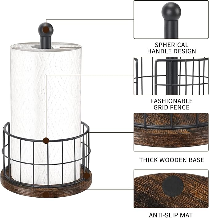 YINMIT Wood Paper Towel Holder Countertop, Farmhouse Paper Towel Holder with Heavy Duty Base, Wooden Paper Towel Holders, Paper Towel Holders for Kitchen, Fits Standard and Large Size Rolls