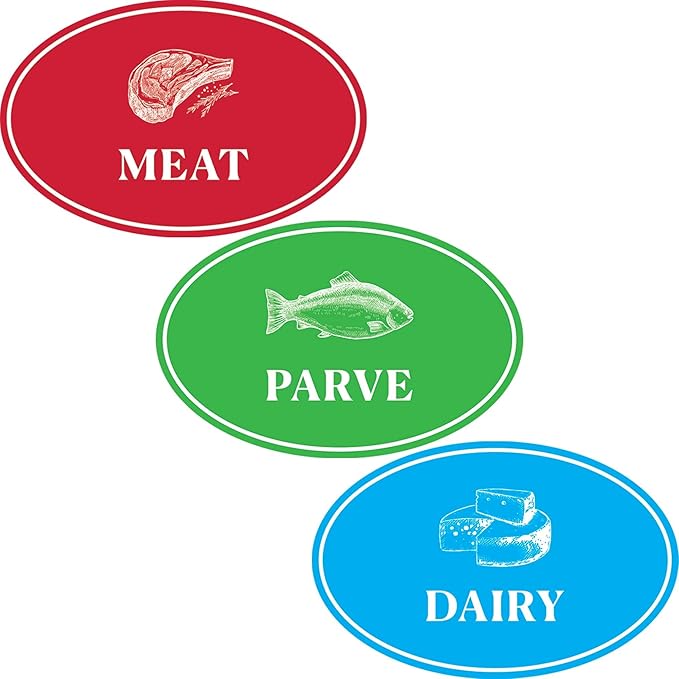 Assorted Kosher Labels, Blue Dairy, Red Meat, Green Parve Stickers, Oven Proof up to 500°, Microwavable, Dishwasher Safe, English, Color Coded Kosher Kitchen Tools (Oval Design, 96-Pack)