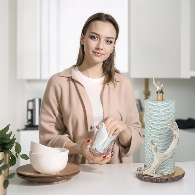 Antler Ridge Paper Towel Holder，with Microfiber Tearable Rags Countertop Paper Towel Holders, Vintage Standing Paper Towel Holder for Kitchen, Bathroom, Table Kitchen Decor 15.5''x6.5''