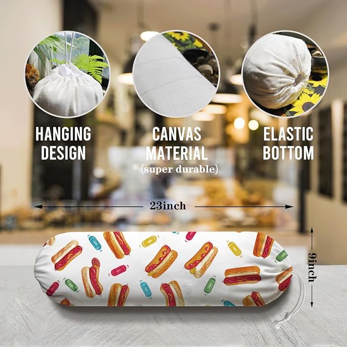 Hot Dogs Plastic Bag Holder, Reusable Hanging Grocery Bags Organizer, Fabric Garbage Trash Bag Storage Dispenser for Home Kitchen Pantry Cabinet, Wall Mount, Kitchen Housewarming Gifts