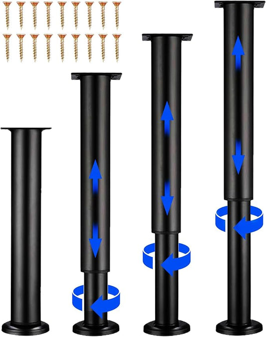 4 Pcs Adjustable Height Bed Support Furniture Legs [with Screws] for Bed Frame,Metal Adjustable 10-17inch for Bed/Sofa/Cabinet/Couch/Dresser/Table -Heavy Bed Replacement Legs (Black)