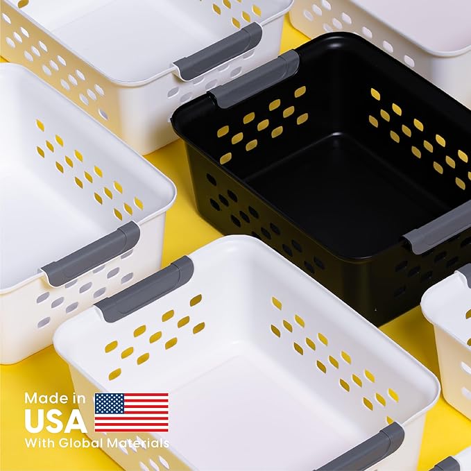 IRIS USA Plastic Storage Baskets, 6-Pack, Made in USA, Shelf Baskets Small Baskets Organizing Bins For Pantry Countertops Closet Shelves Office, Muti-Purpose, Nestable, Easy Carry, White
