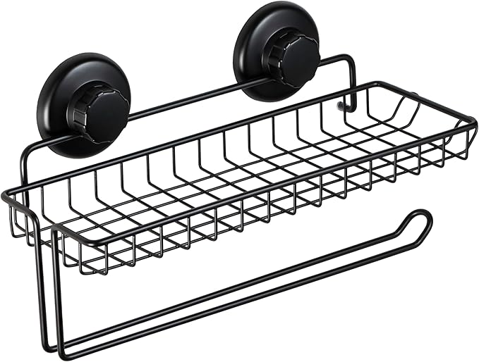 HASKO Suction Cup Paper Towel Holder with Shelf and Hooks - Wall Mount Metal Organizer for Bathroom & Kitchen - SUS 304 Stainless Steel Tissue Roll Hanger - Black