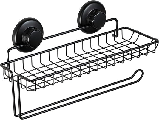 HASKO Suction Cup Paper Towel Holder with Shelf and Hooks - Wall Mount Metal Organizer for Bathroom & Kitchen - SUS 304 Stainless Steel Tissue Roll Hanger - Black