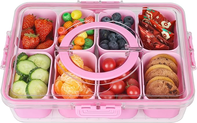 shopwithgreen Divided Serving Tray with Lid and Handle, Portable Snackle Box Charcuterie Container for Party, Veggies, Fruits, Nuts, Candy, Food Tray Platter Snack Box for Entertaining, Picnic, Pink