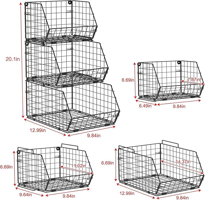 X-cosrack 3-Tier Stackable Fruit Basket for Kitchen Counter, Fruit and Vegetable Storage Basket- Potato and Onion Storage Bin, Wire Baskets for Pantry Organization- Metal Baskets for Produce Snack Can