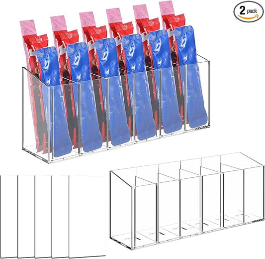 2 Pcs Drink Packet Organizer, Water Flavor Packet Organizer with Removable Dividers, 6-Compartment Clear PET Storage Box for Pantry, Kitchen, Office - 10.28 x 2.52 x 4.37 Inches