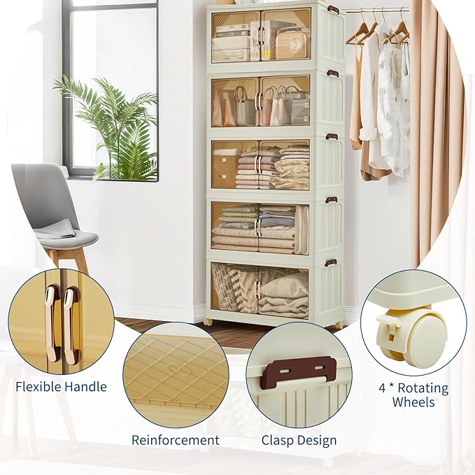 GarveeHome 475QT Stackable Storage Bins, Folding Storage Box with Magnetic Doors & Wheels, Loset Organizers and Storage with Lids, Collapsible Plastic Drawers for Bedroom Kitchen Office, White