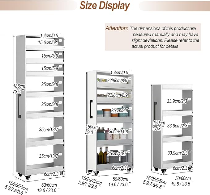 7-Tier Slim Rolling Storage Cart, Wooden Narrow Pantry Cabinet with Wheels, Tall Space-Saving Shelf Organizer for Kitchen, Laundry, Bathroom (Dark Brown, 59" H*9.8" W*19.6" D)