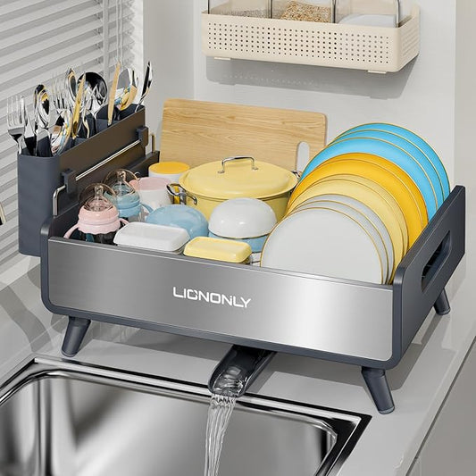 Dish Racks,Extendable Countertop Dish Drying Rack, Dish Drainer & Drainboard Set with Utensil Holder and Cup Holder, Gray