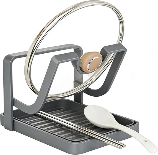 Kitchen Pot Lid Organizer Countertop - Carbon Steel Spoon Rest, Cutting Board Holder with Drip Tray, Rust-Resistant Farmhouse Storage Rack (B-Gray Single-layer)