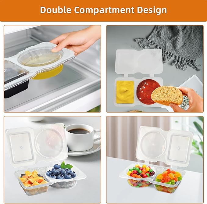 Double Compartment Reusable Prep Snack Containers With Lids，Mini Grab And Go Packs 2 Compartments Container ，Disposable Clear Munch Mate Travelsnack Containers Sauce 3oz Containers For Lunch Box (10)