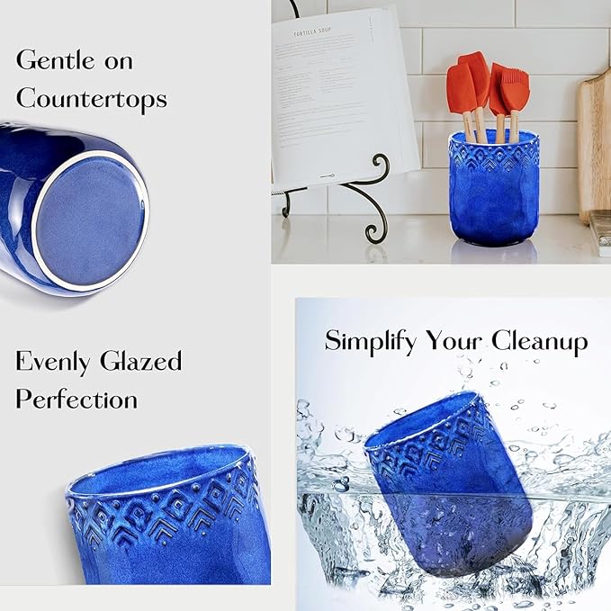 Ceramic Utensils Holder，Extra Large Stable Ceramic Cooking Tool Organizer Set for Kitchen，For Countertop ,Navy Blue