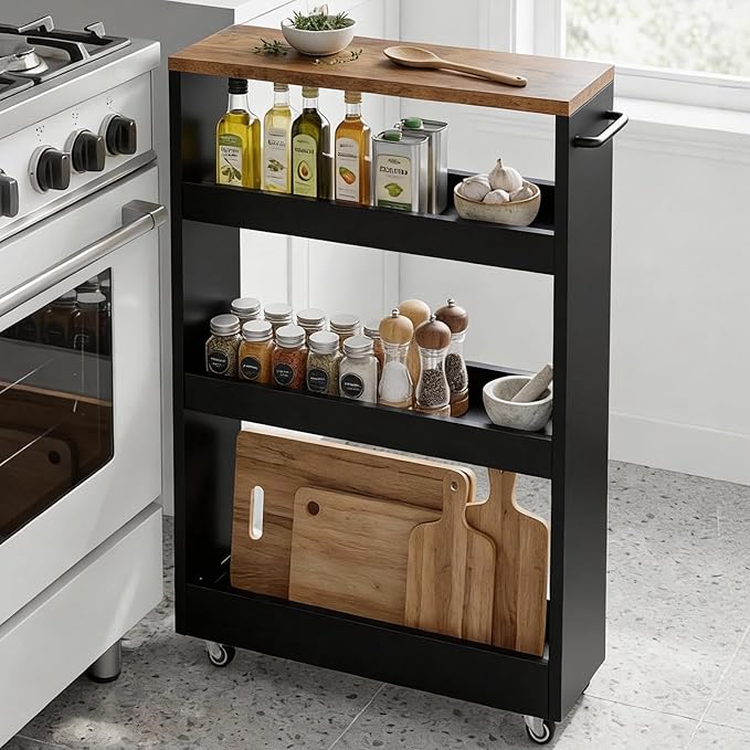 TEAMIX 4 Tier Slim Rolling Storage Cart with Wheels, 24.8D x 7.9W Inches, Height Adjustable, Deeper Utility Cart with Handle Narrow Shelf Organizer for Kitchen Laundry Bathroom Pantry Office (Black)