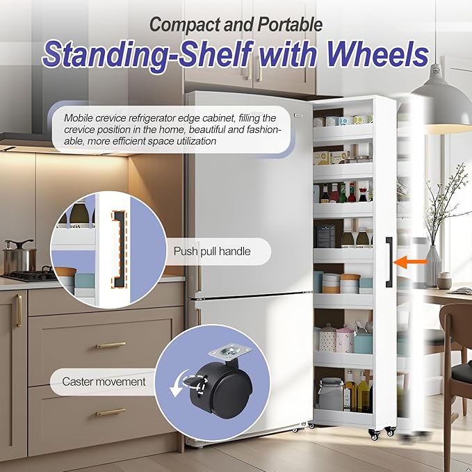 7-Tier Slim Storage Cart, Wooden Rolling Pantry Cabinet with Wheels, Narrow Shelf Organizer for Kitchen, Bakers Rack, Dining Room, Closet, Small Spaces Warm White 47.2" H*9.8" W*23.6" D