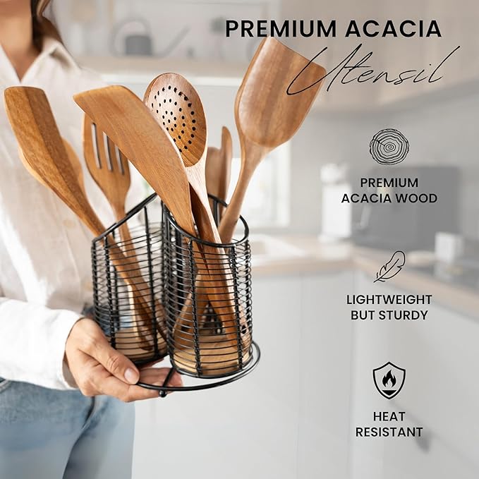 360° Rotating Utensil Holder with 9-Piece Acacia Wood Utensil Set - 100% Plastic-Free Kitchen Organizer - Large 3 Compartment Metal Countertop Crock for Spatulas & Cooking Tools (Black)