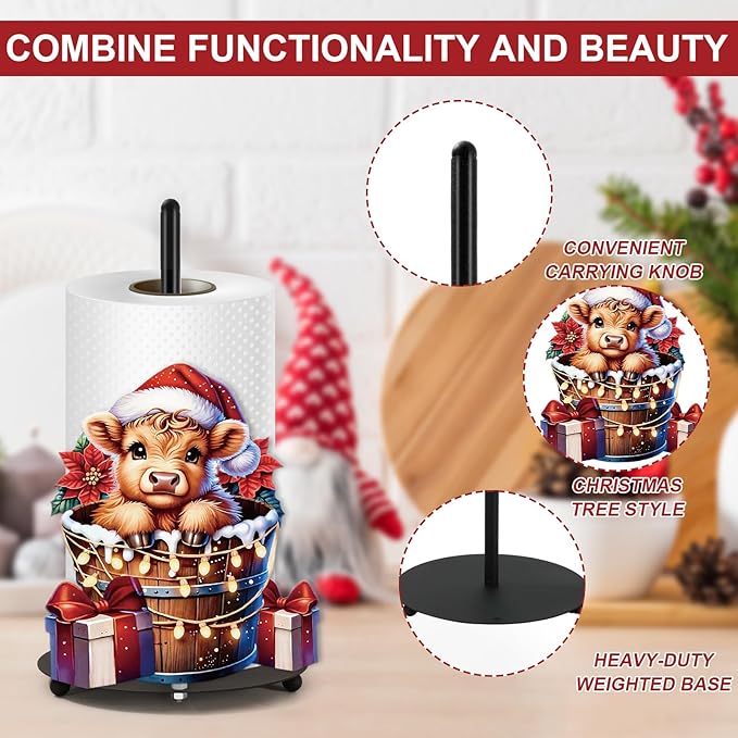 JarThenaAMCS Highland Cow Christmas Paper Towel Holder with Round Base Large Metal Xmas Bathroom Decor Rustic Dispenser Kitchen Paper Holder Stand for Winter Party Countertop Toilet Home Accessories