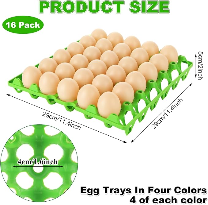 Oungy 16 PCS Plastic Egg Tray 30 Cell Egg Flats Crates Stackable Egg Cartons Reusable Carton, Hold Multiple Eggs, Great for Storing, Sorting and Shipping Eggs, 4 Colors