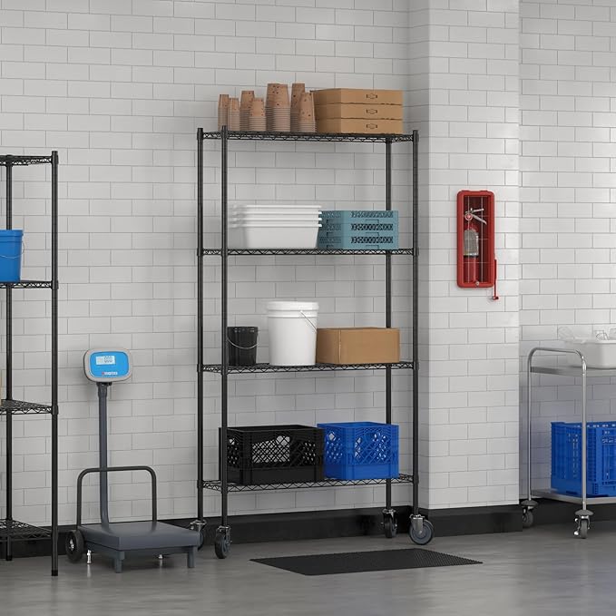Commercial NSF Listed Black Epoxy Mobile Wire Shelving Kit 12" x 42" x 80", with 4 Shelves Perfect for Warehouse, Walk-in Refrigerator, Freezer, Grocery Store, Restaurant, Dishroom