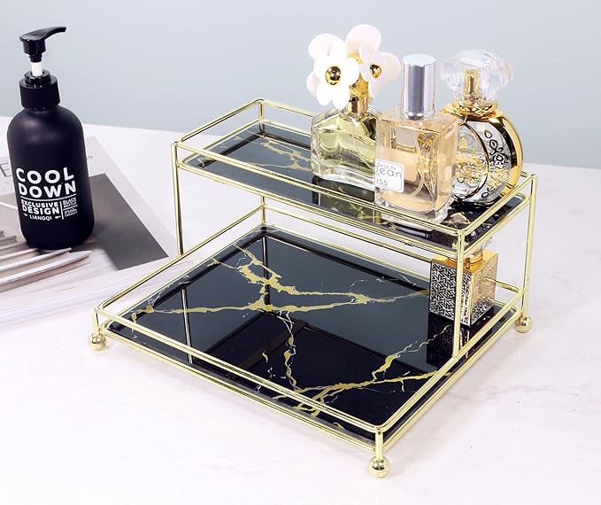 Simmer Stone Makeup Organizer Shelf, 2-Tier Cosmetic Storage Basket with Glass Tray, Wire Vanity Organizer Rack for Bathroom, Countertop, Dresser and More, Medium Size