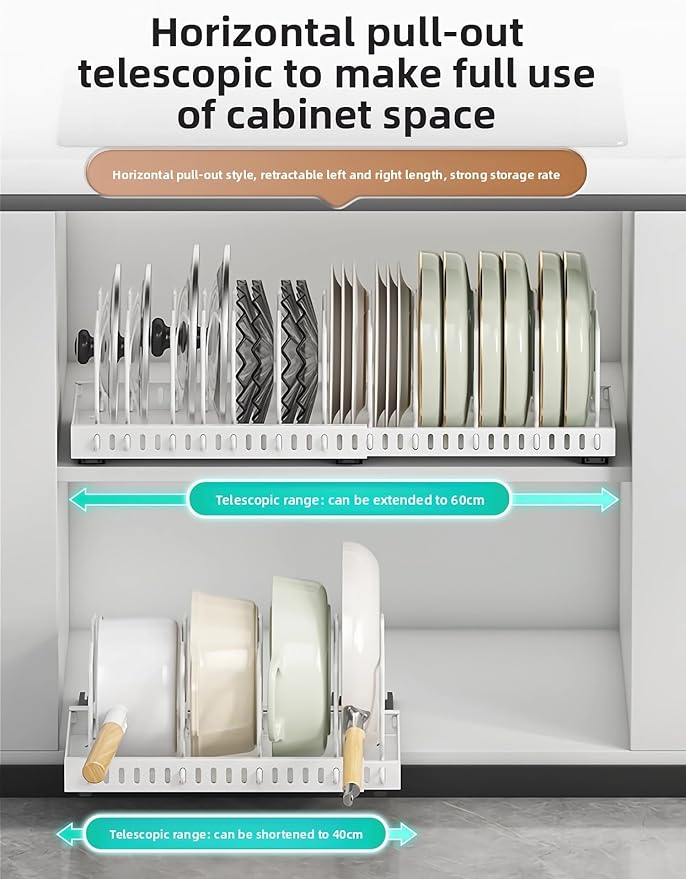 pull-out pots and pans organizer under cabinet,pot lid organizers inside cabinet holders for kitchen,Horizontal and vertical pulling modes,Can be extended and adjusted (Black horizontal)