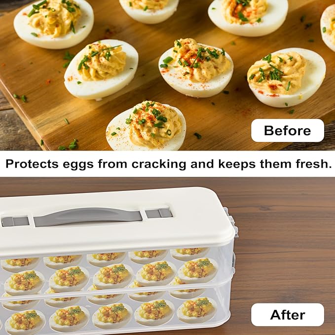 BSTKEY Deviled Egg Containers with Lid, 4 Layer Deviled Egg Platter Carrier Trays for 48 Eggs, Fridge Stackable Portable Egg Holder with Handle for Home Kitchen Party Easter Picnic