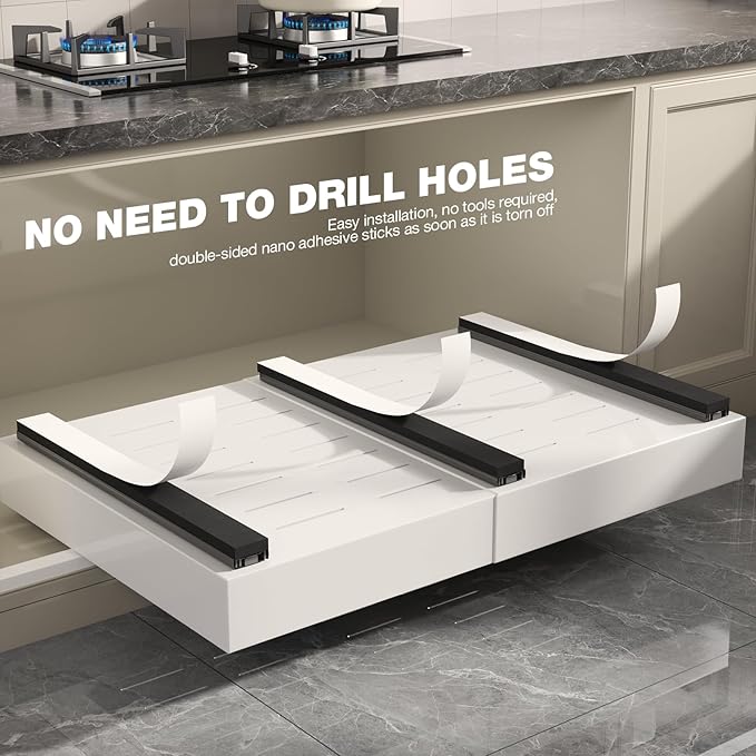2 Pack Pull Out Cabinet Organizer 18" Deep,Full Extension 3 Slide Rails Slide Out Drawers With Raising Pad for Framed Cabinets,Expandable Width (15.4"-26.2"),No Drill Roll Out shelf,White