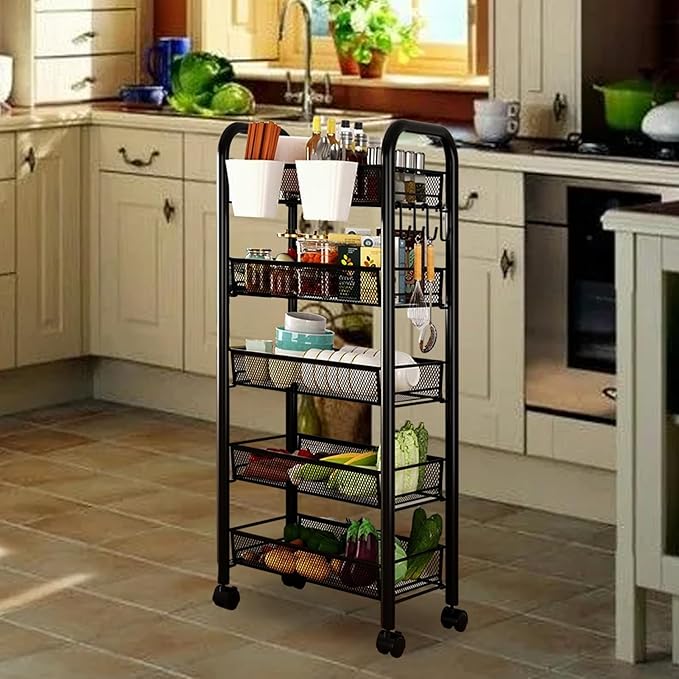 Fruit Vegetable Basket Storage Cart 5 Tier Snack Cart Stackable Metal Mesh Vegetable Organizer with 360 Degree Wheels 41 Inch High for Kitchen Bathroom Pantry Organizers and Storage Black
