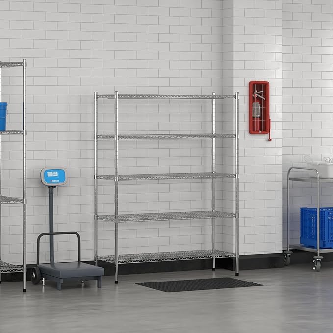 Commercial NSF Listed Chrome Stationary Wire Shelving Kit 18" x 48" x 64", with 5 Shelves Perfect for Warehouse, Walk-in Refrigerator, Freezer, Grocery Store, Restaurant, Dishroom