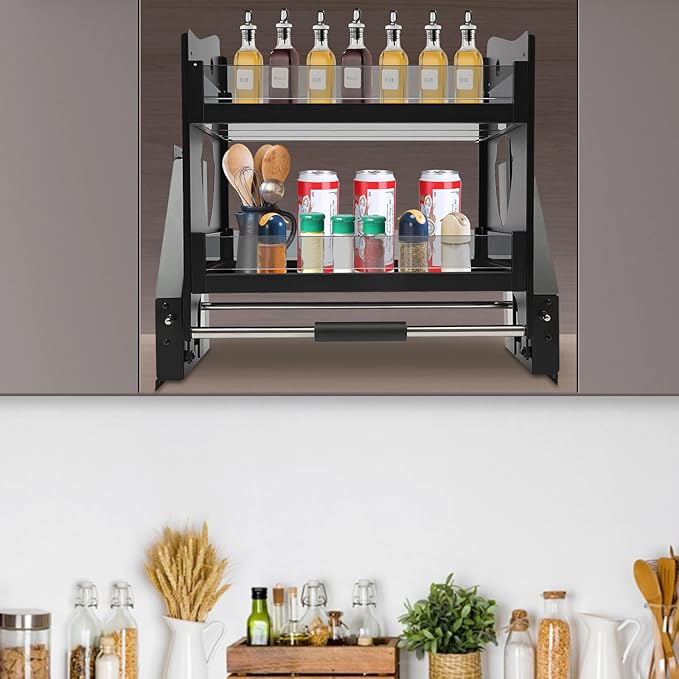 Pull-down Cabinet Organizer 2 Tier, Kitchen Cabinet Organizer Adjustable height, Drop Down Lift Upper Kitchen Spice Rack for Upper Cabinet 22.05x11.02x20.87in 66LBS Load (Pull Down, Style2)