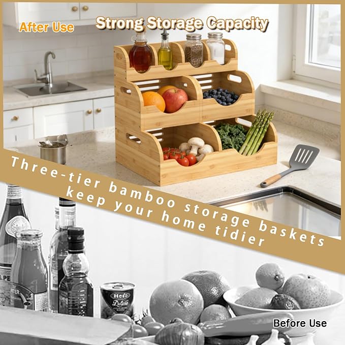 Upgraded 3 Tier Bamboo Pantry Storage Bins, Stackable Potato and Onion Storage Bin with Airflow Vent, Potato Storage, Pantry Baskets, Vegetable Storage, for Kitchen Countertop, Cabinet, Living Room
