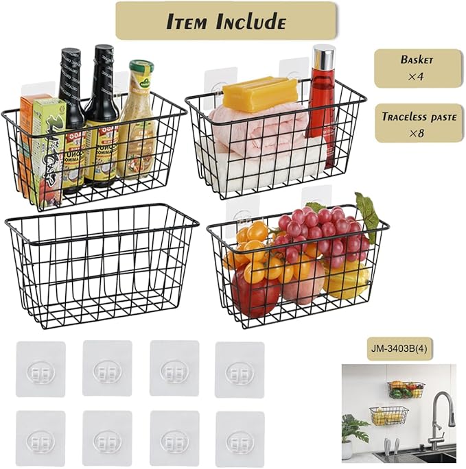 JUNCHU CHERRY 4 Pack Hanging Sorage Basket, Bathroom Basket, Household Goods, with Traceless Tape, no Drilling, for Cabinet Storage, Kitchen, Bathroom, Storage Room,Black