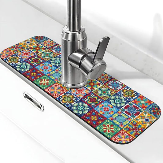 Talavera Mexican Ceramic Tile Floral Kitchen Sink Splash Guard Faucet Mat Super Absorbent Fast Drying Mat Sink Gadgets-Fast Drying Pad Sink Mat For Kitchen Bathroom (15" X 5.5" )