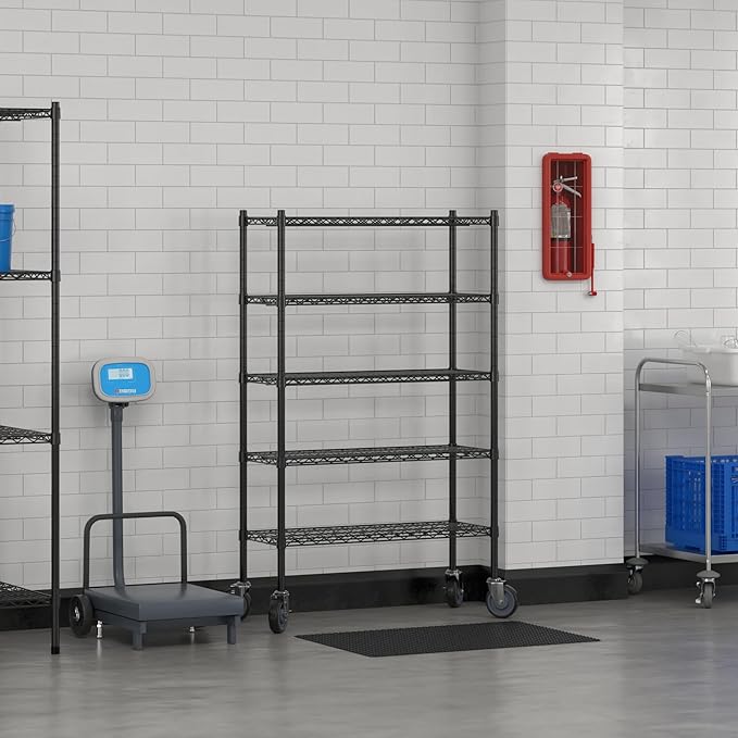 Commercial NSF Listed Black Epoxy Mobile Wire Shelving Kit 14" x 36" x 60", with 5 Shelves Perfect for Warehouse, Walk-in Refrigerator, Freezer, Grocery Store, Restaurant, Dishroom