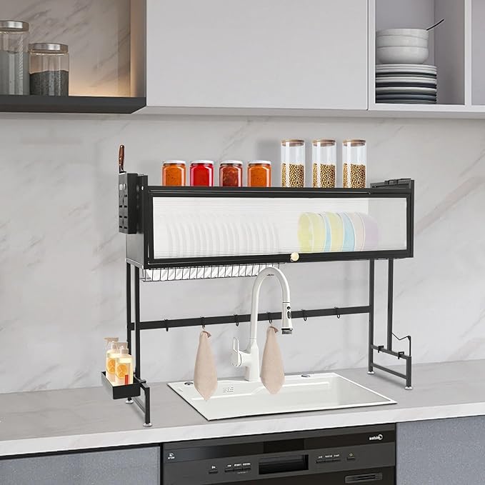 Over The Sink Dish Drying Rack, 3 Tier Large Dish Drainer Drying Rack with Drainboard, 40 Inch Stainless Steel Multifunctional Kitchen Organizer Storager for Dishes Glasses Bowls Cutlery