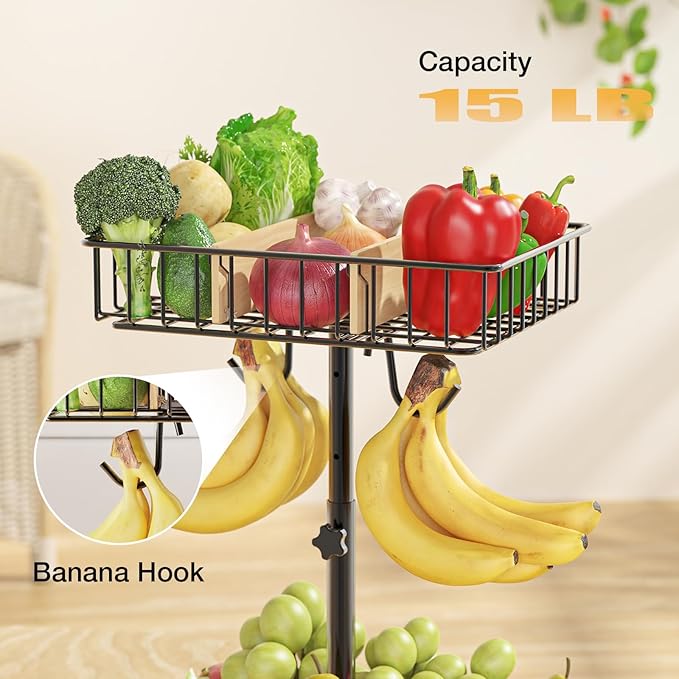 4-Level Adjustable Height Fruit Basket for Kitchen Countertop, 2-Tier Fruit Bowl with Removable Banana Hooks, Kitchen Organizer for Banana, Vegetable, and Snack Storage