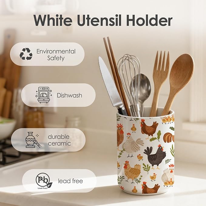 Charming Rooster Ceramic Utensil Holder for Kitchen Counter - Vintage Farmhouse Decor, Rustic Chicken Kitchen Utensil Holder, Rooster decor,Ceramic Vase 6.3"+4.7"(Chicken and Flowers