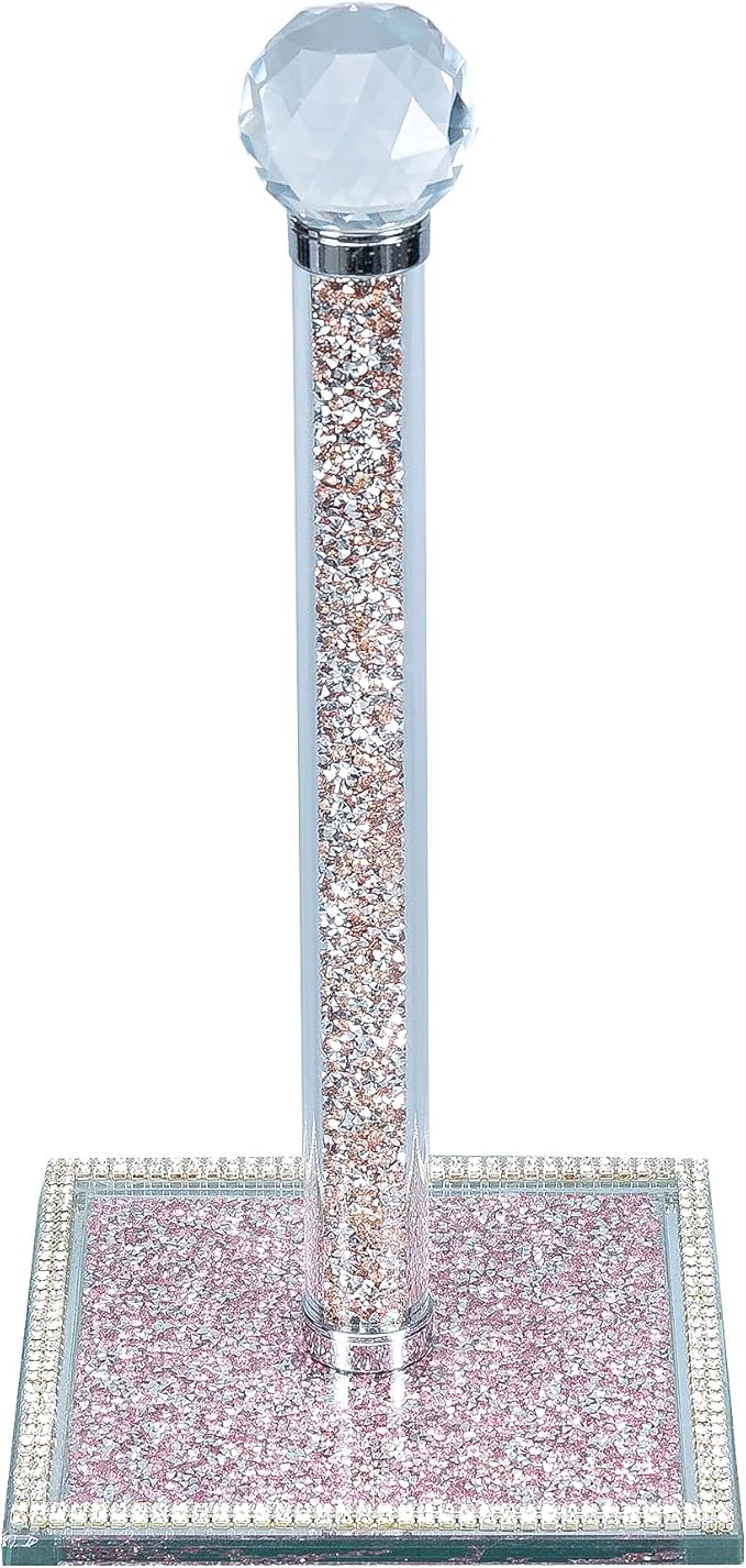 Hochance Pink Crystal Standing Paper Towel Roll Holder Countertop Weighted Rack,Glam Cute Bling Rhinestone Jeweled Diamonds Modern Decoration Christmas Housewarming Gifts for Kitchen Home Bar