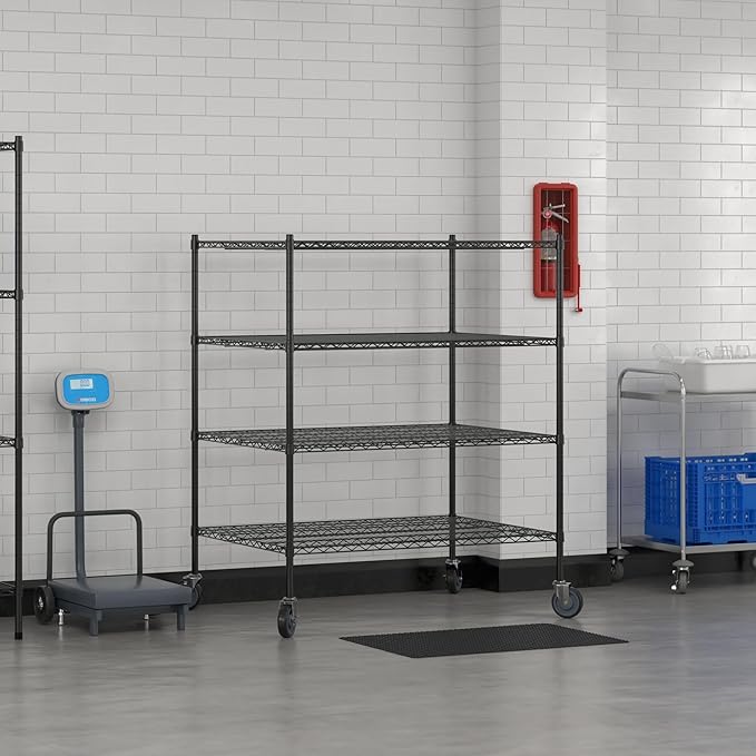 Commercial NSF Listed Black Epoxy Mobile Wire Shelving Kit 36" x 48" x 60", with 4 Shelves Perfect for Warehouse, Walk-in Refrigerator, Freezer, Grocery Store, Restaurant, Dishroom