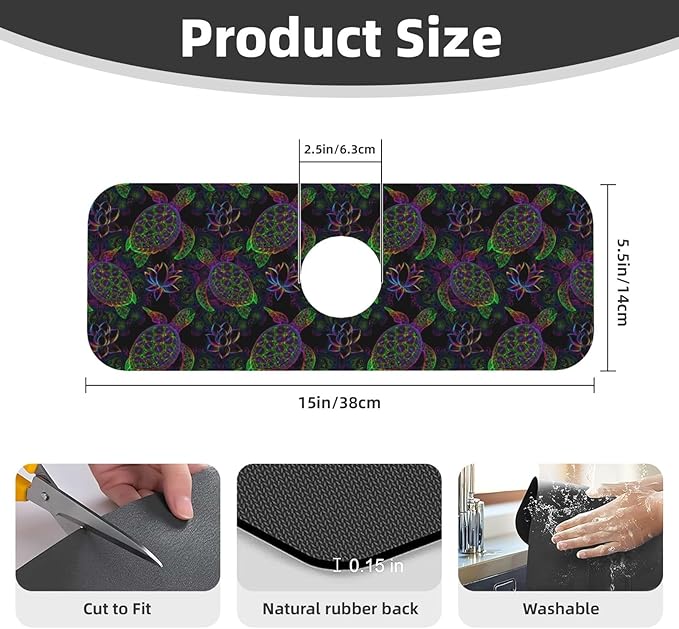 Sea Turtle Psychedelic Mandala Boho Colors 15" X 5.5" Kitchen Sink Splash Guard Faucet Faucet Guard Draining Mat Sink Splash Guard Faucet Kitchen Bathroom