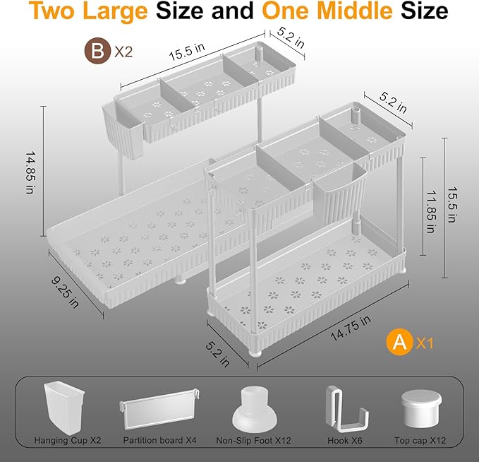 3 Pack Multi-Purpose Under Sink Organizers and Storage, 2025 L-Shaped Pull Out Cabinet Organizer for Bathroom & Kitchen, Under Cabinet Organizer with Hooks Hanging Cup, White, 14.85 inch