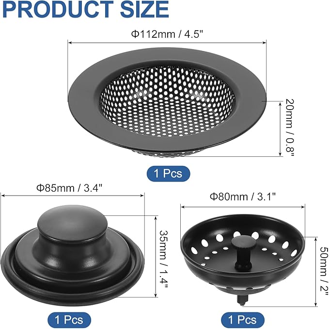 uxcell 3 Pcs Kitchen Sink Drain Strainer Black, Stainless Steel Kitchen Sink Strainer and Stopper, Anti-Clogging Basket with Handle, for Most Kitchen Sink Strainer Replacement