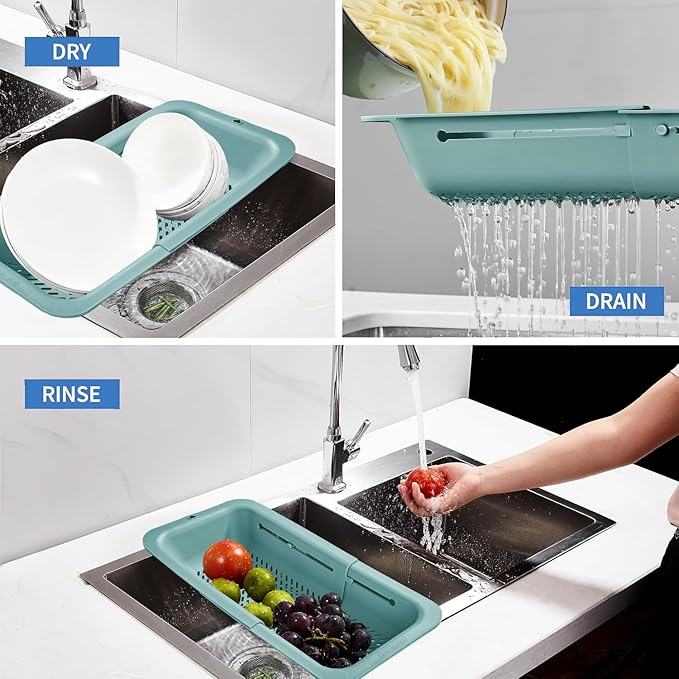 LASSHSWA Collapsible Colander and Strainer for Kitchen, Over the Sink Strainer Basket for Kitchen, Fruit Pasta Food Strainer Expandable Plastic Colander (Turquoise Blue)