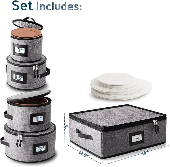 Fine China Storage Containers, 5 Piece Quilted Dish Storage Containers, Mug, Cup, and Plate Dish Organizer with Felt Dividers, Service of 12 Dinnerware Boxes for Moving, Seasonal Organization, Grey