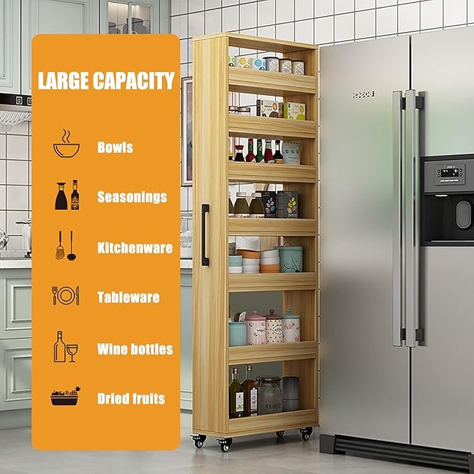Slim Storage Cart,Rolling Spice Rack Next to Fridge Slim,Kitchen Rolling Cart,Narrow Storage Cabinet, Wood Storage Organizer,for Kitchen,Bakers,Pantry,Dining Room Dark Walnut 11.8×19.7×72.4in
